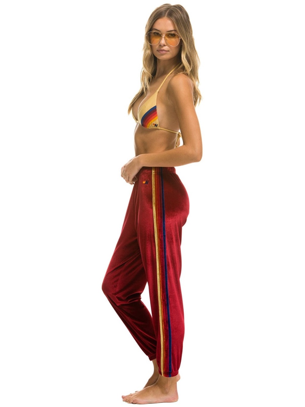 Aviator Nation Red Velvet Track Pants with Rainbow Side Stripe, Sz M